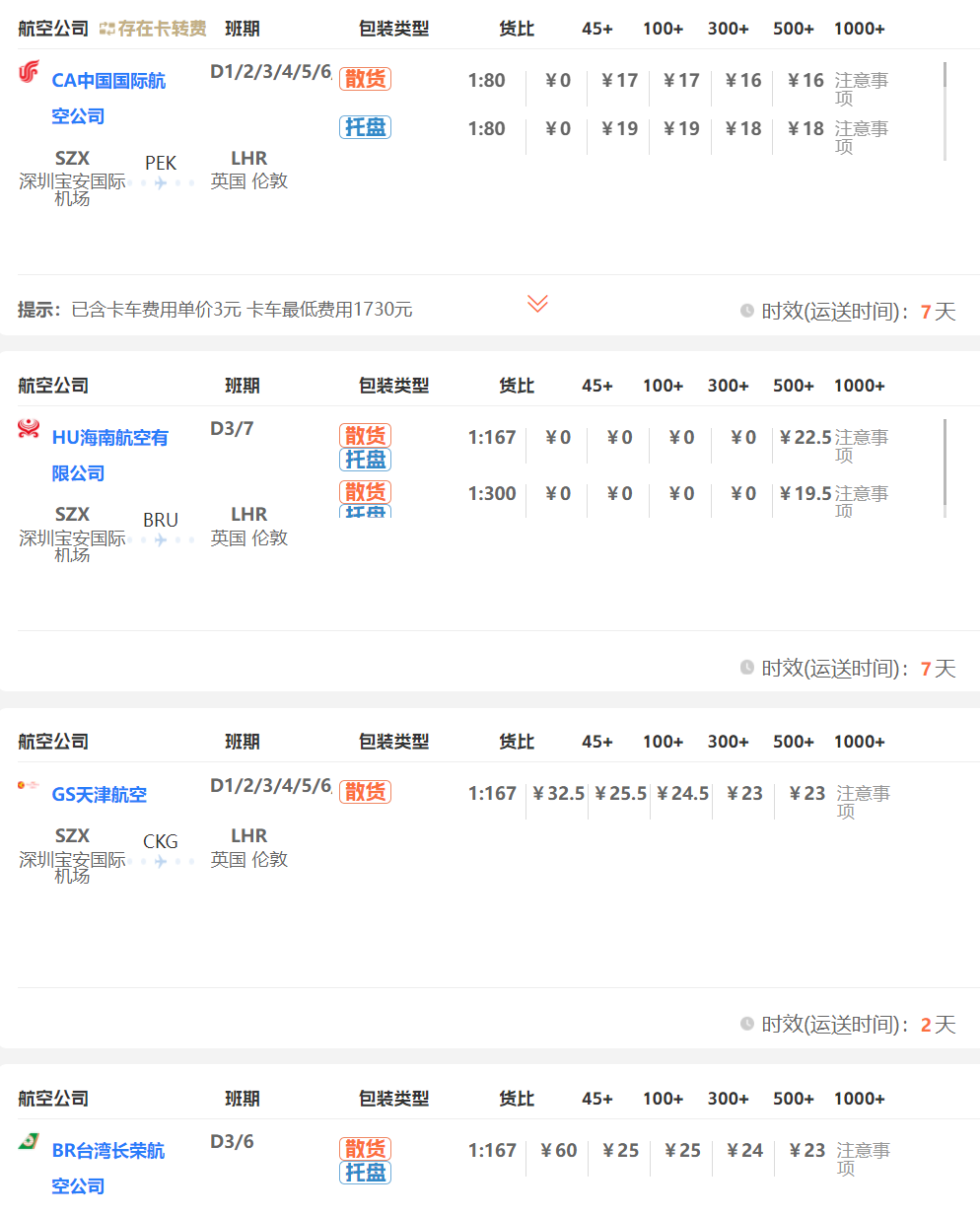 深圳到英國倫敦空運(yùn)價(jià)格表